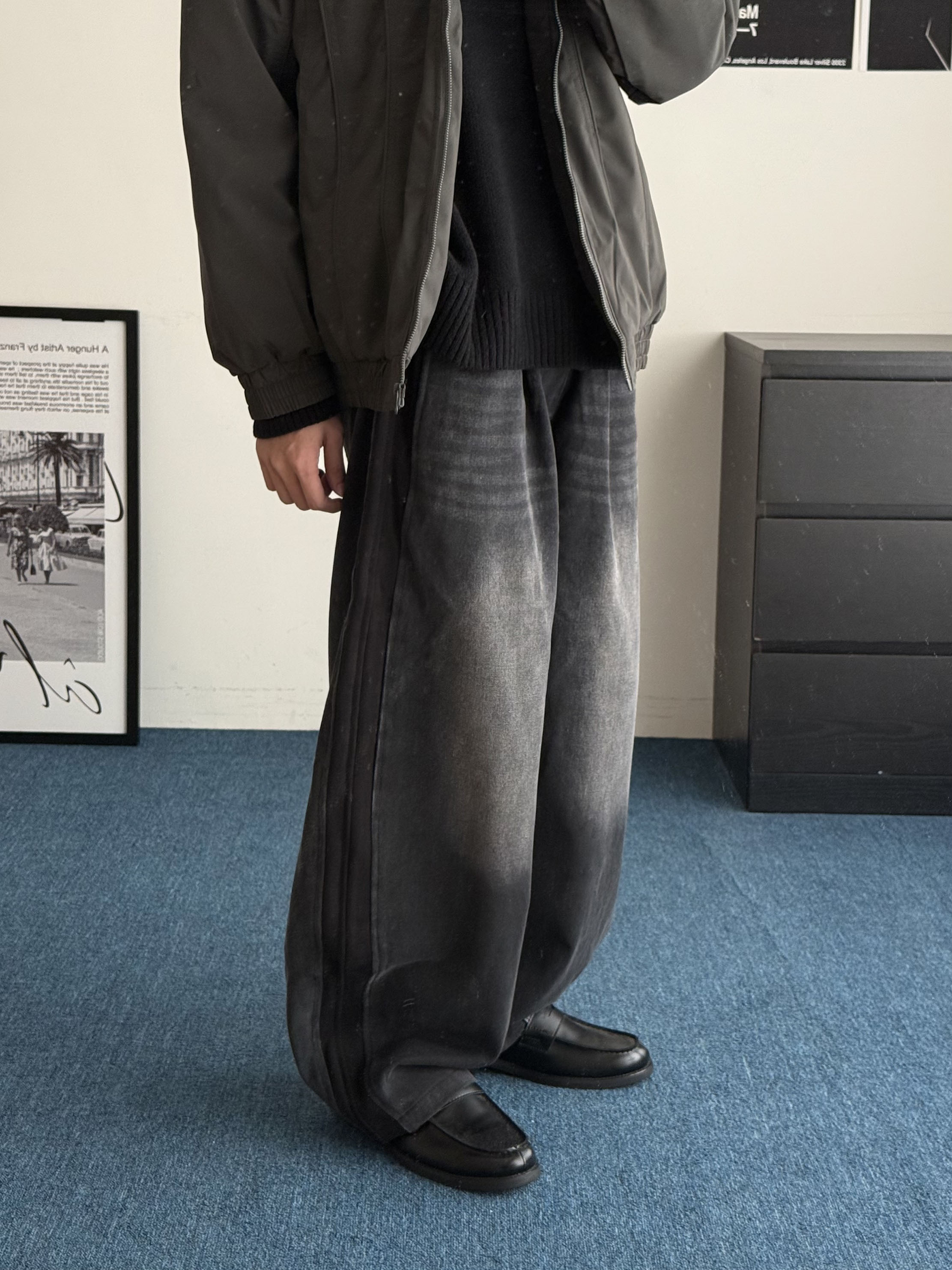 （現貨）NJ264 韓系 側邊 拼接水洗 彎刀褲