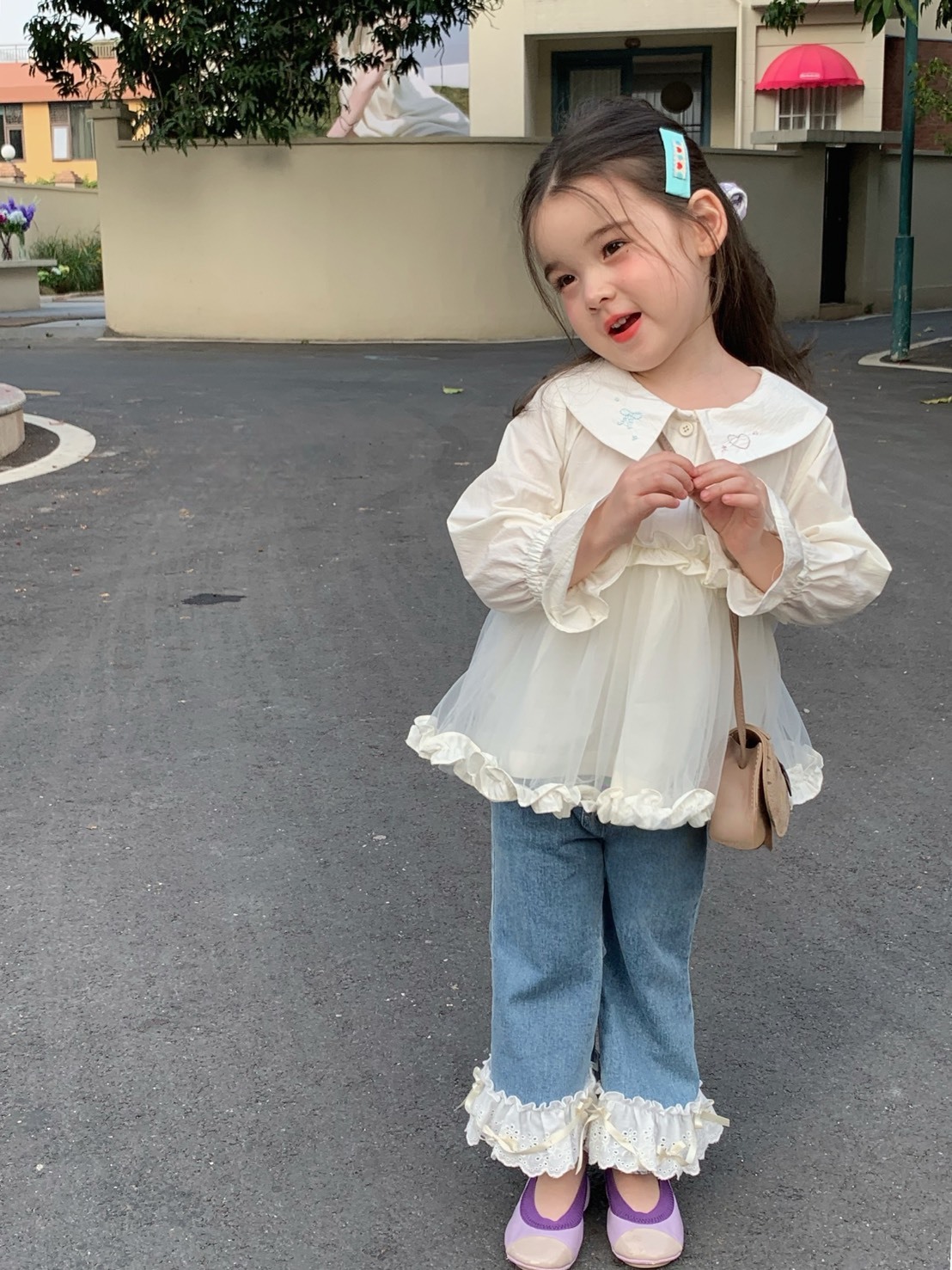 甜美翻領網紗上衣
