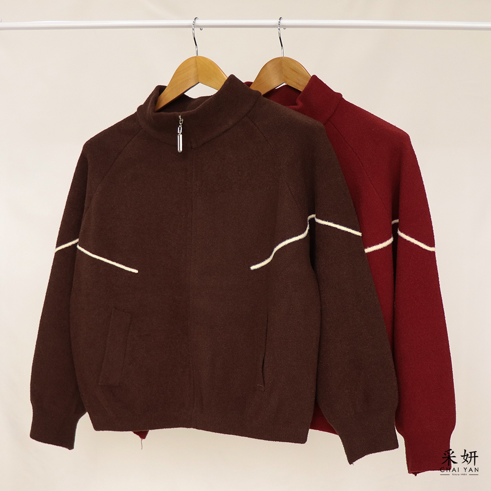 跳色線雙口袋拉鍊立領針織外套