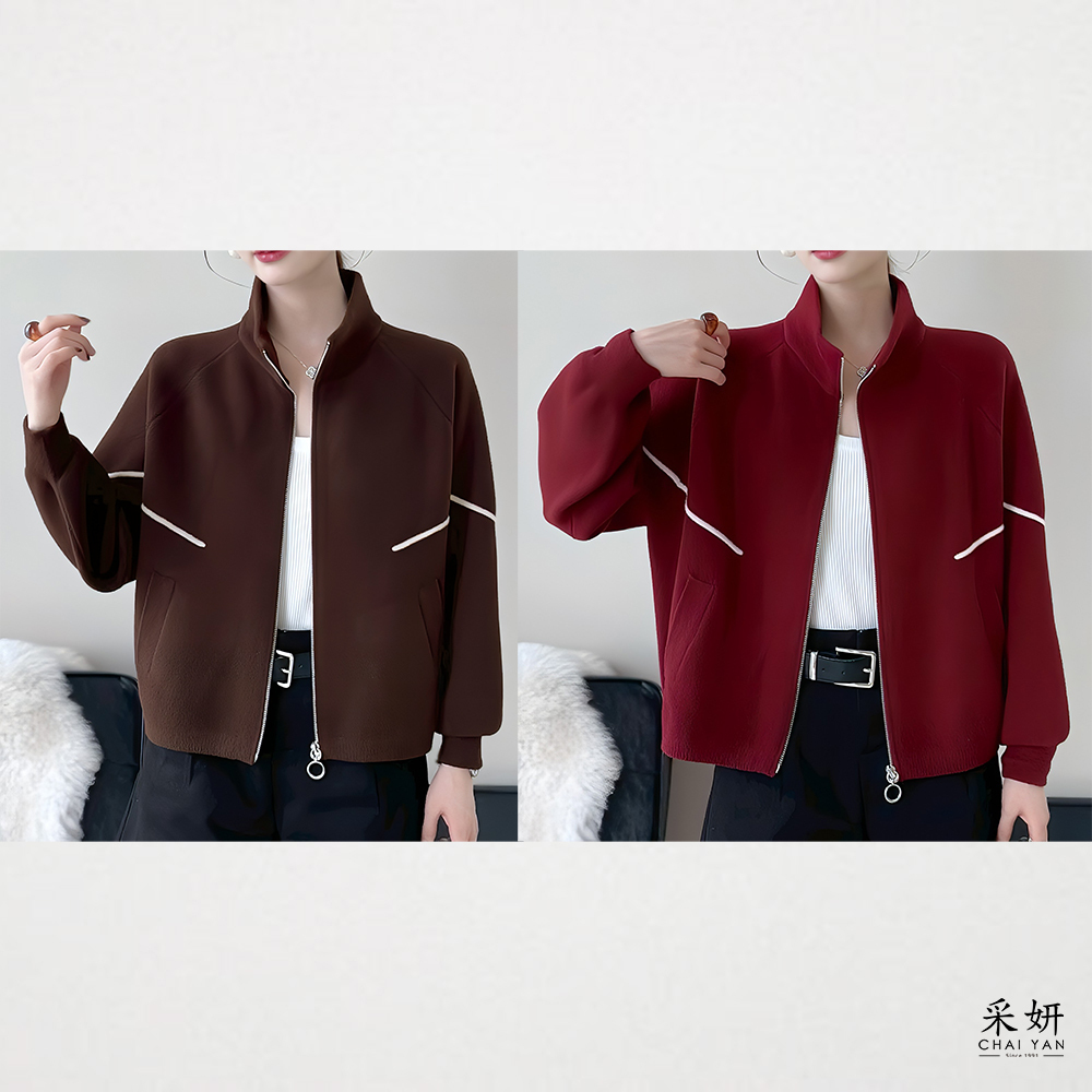 跳色線雙口袋拉鍊立領針織外套