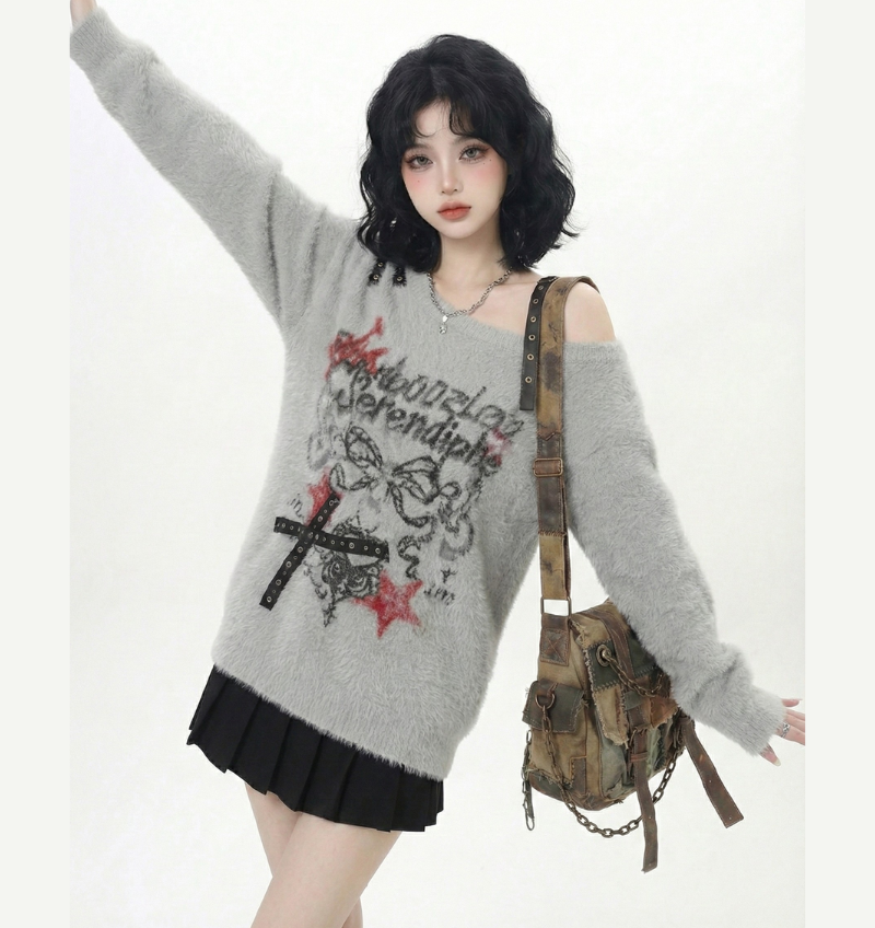 蝴蝶結單肩毛衣