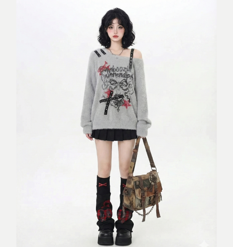 蝴蝶結單肩毛衣