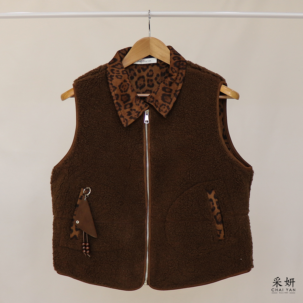豹紋麂皮羊羔絨背心