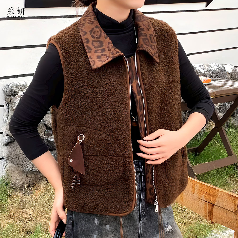 豹紋麂皮羊羔絨背心