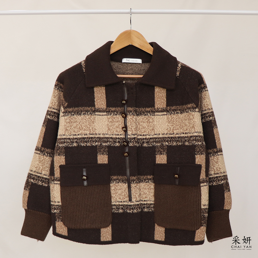 針織口袋格紋毛呢外套