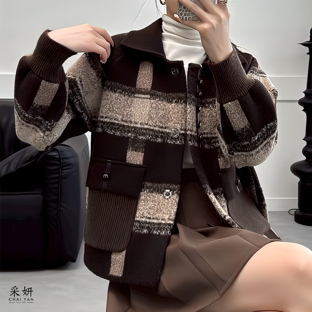 針織口袋格紋毛呢外套