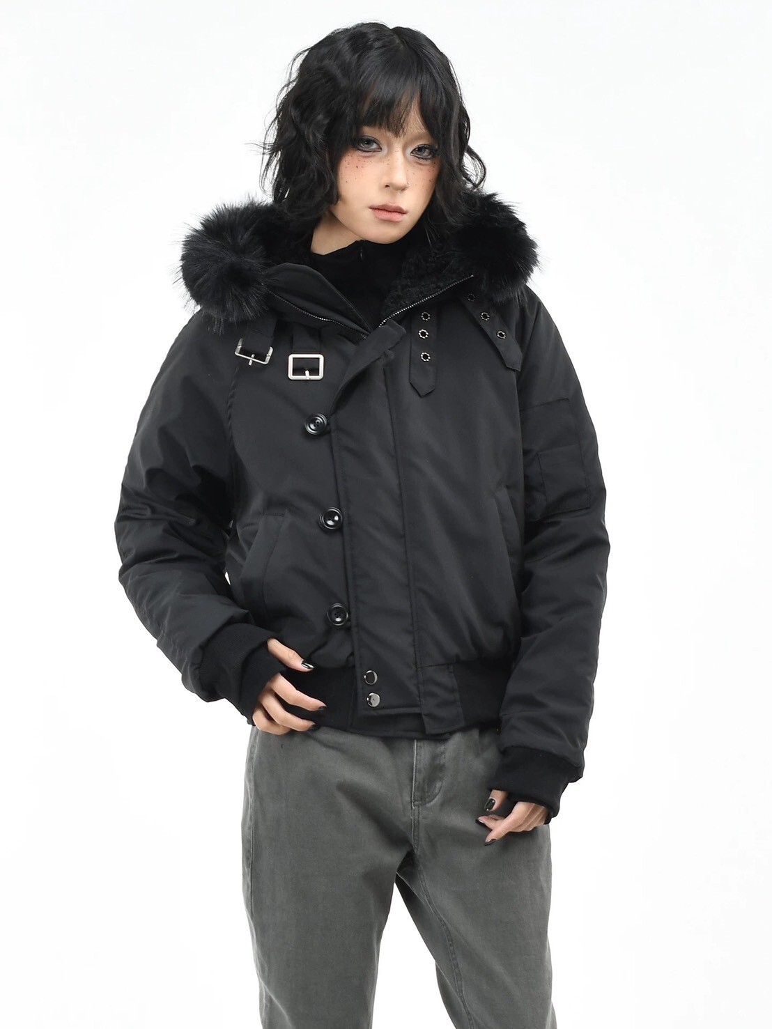 毛毛短版釦式外套