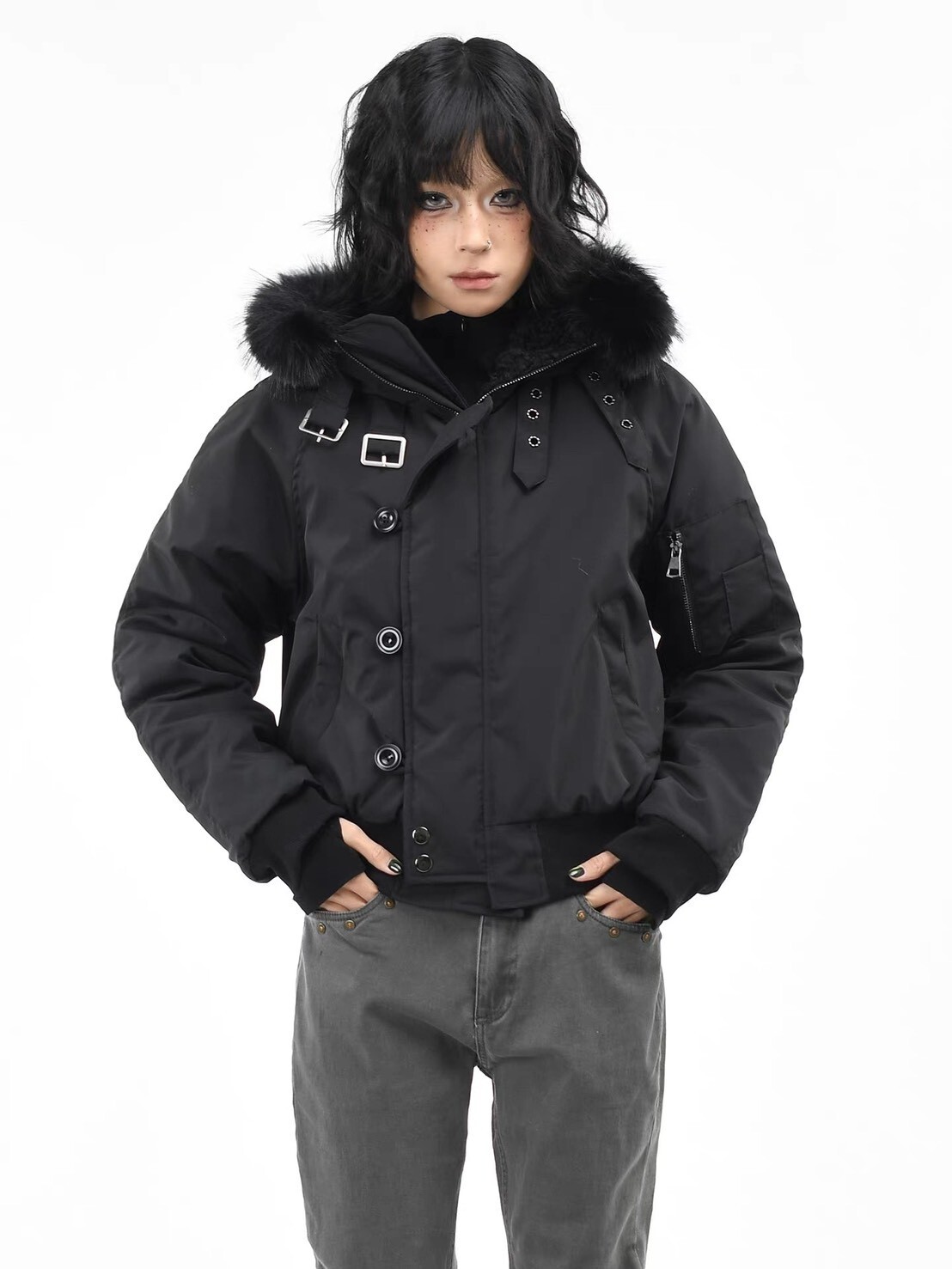 毛毛短版釦式外套