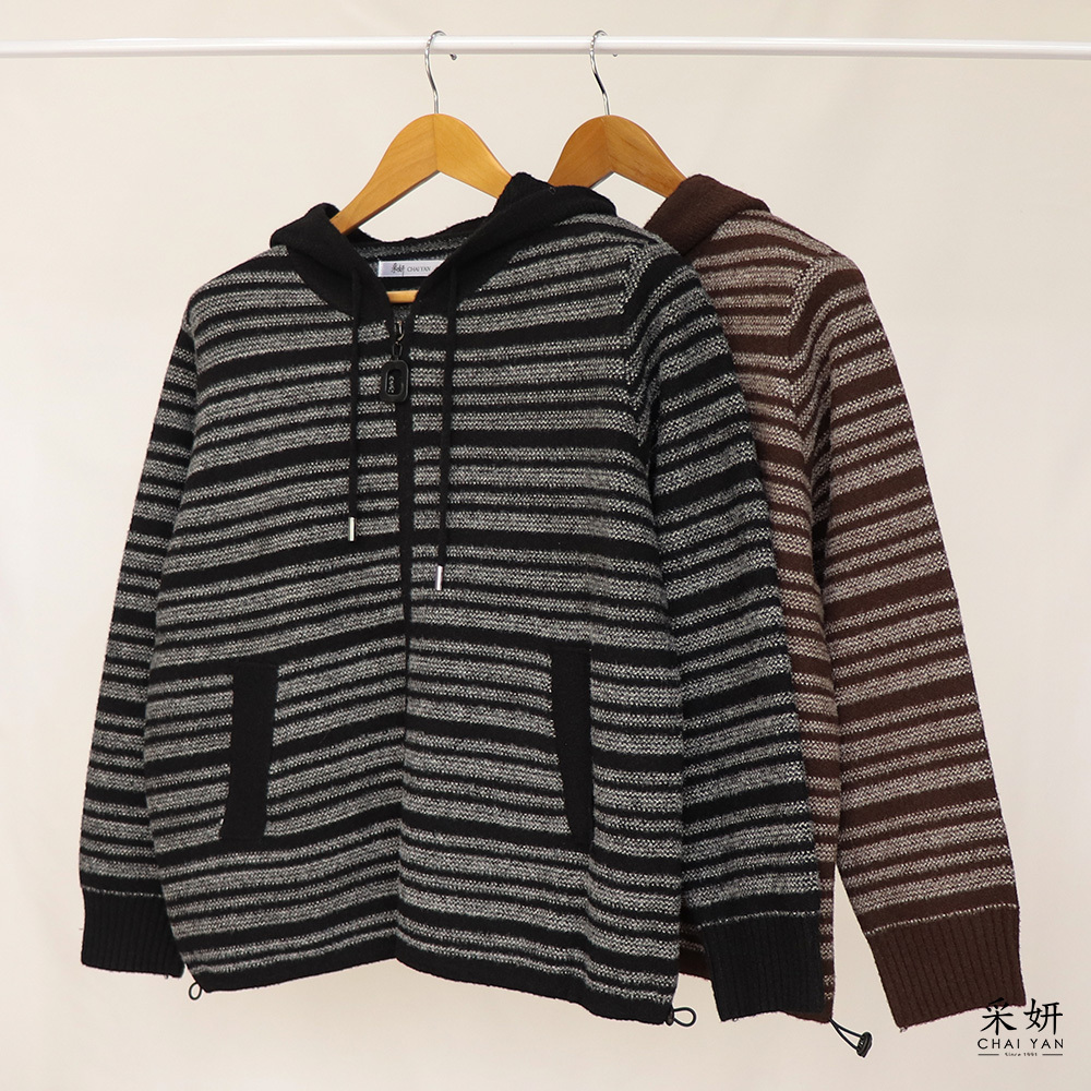 細橫條針織連帽外套
