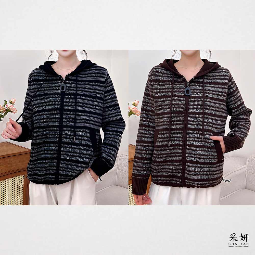 細橫條針織連帽外套