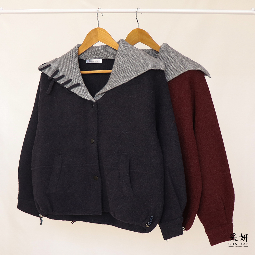 針織大翻領毛呢外套