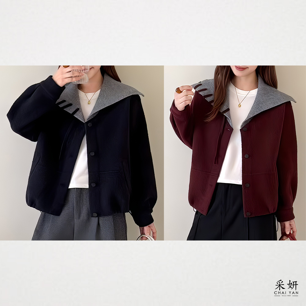 針織大翻領毛呢外套