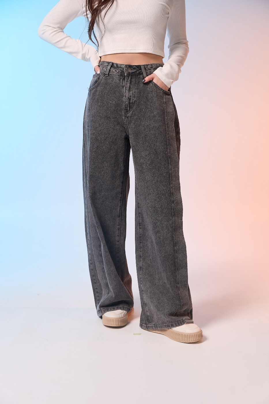 法朵Fado shop｜單釦刷色車線牛仔寬褲 2544007 黑/深藍 S-XL