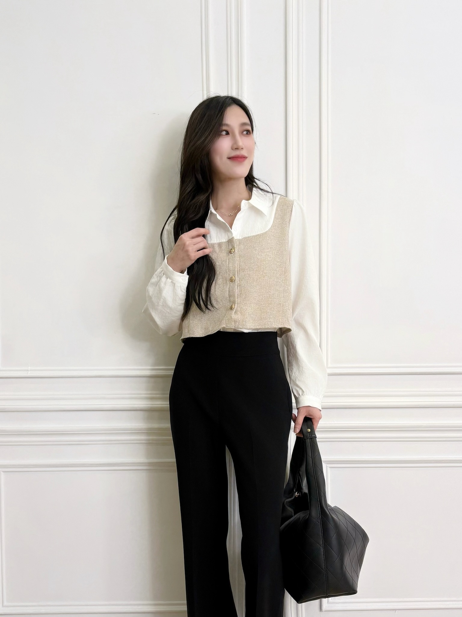 質感拼接織紋背心襯衫