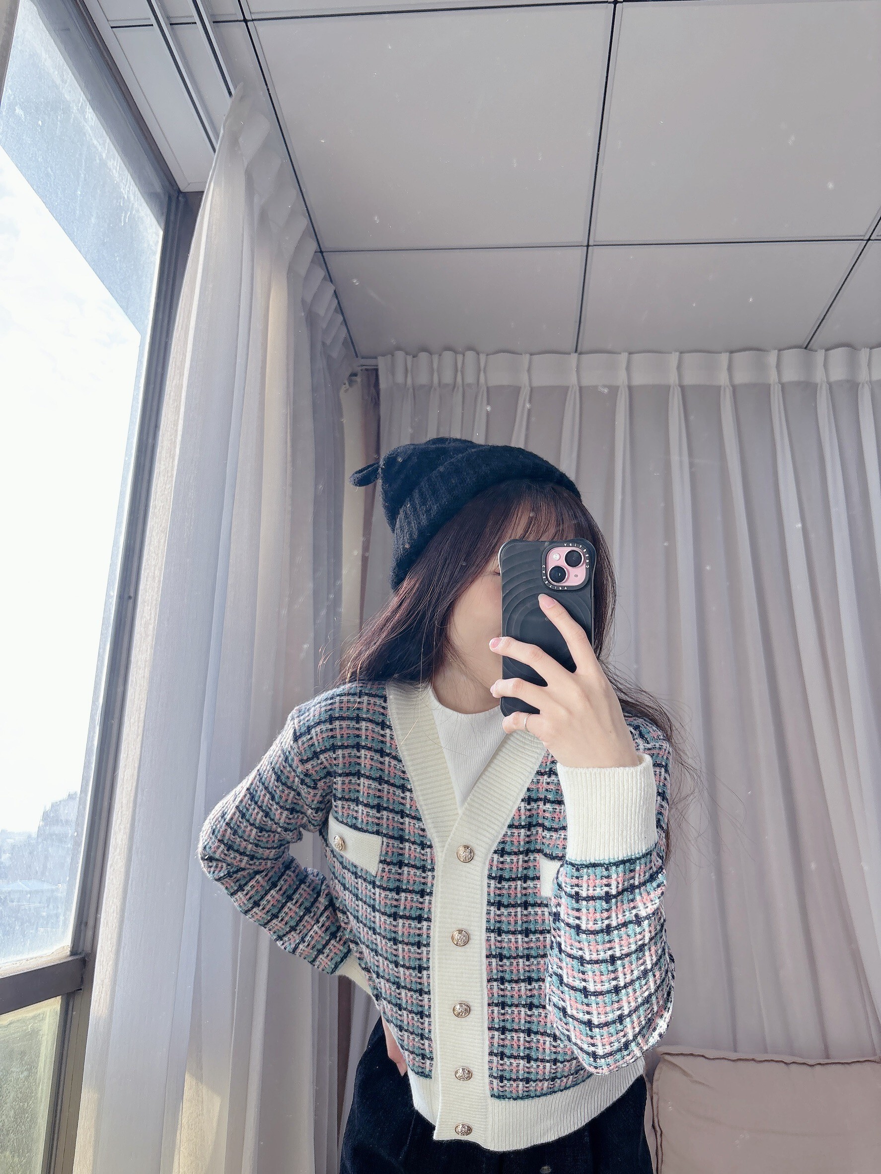 Color-blocked plaid Chanel-style knit cardigan