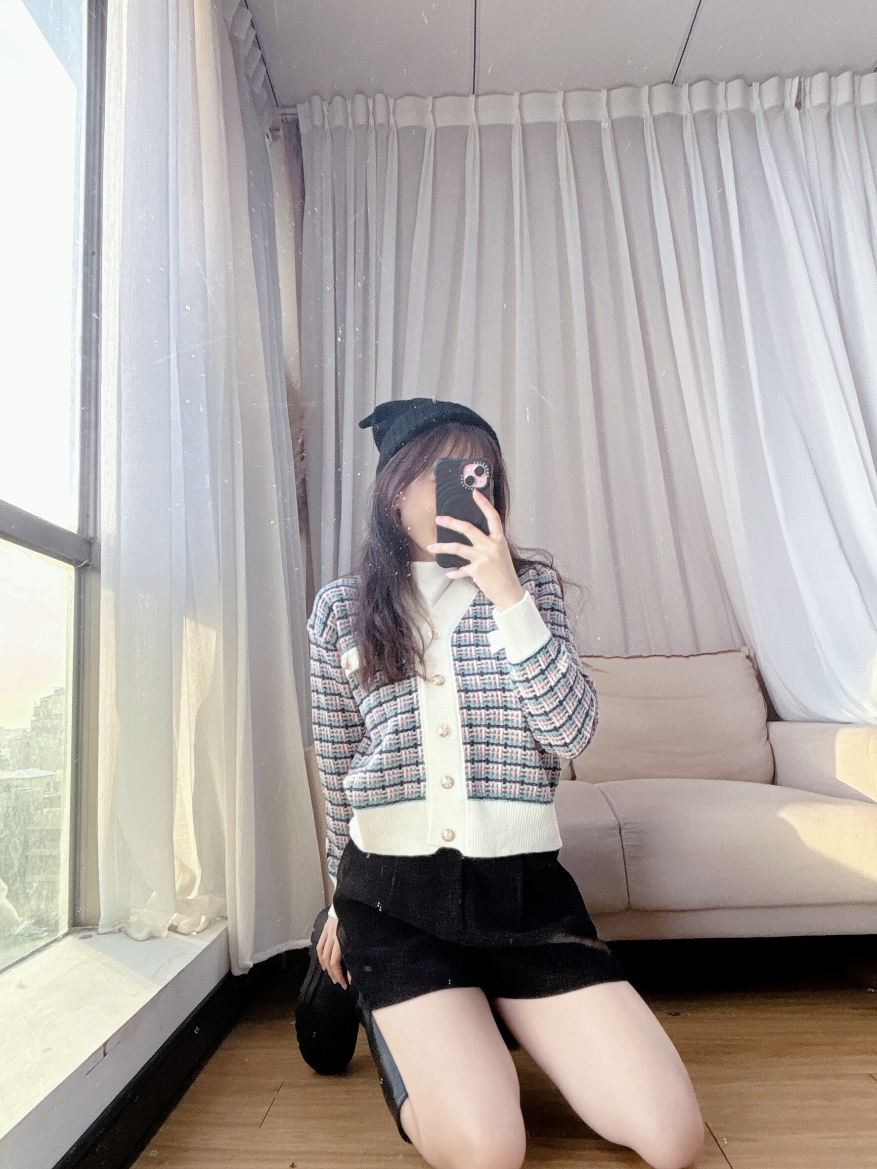 Color-blocked plaid Chanel-style knit cardigan