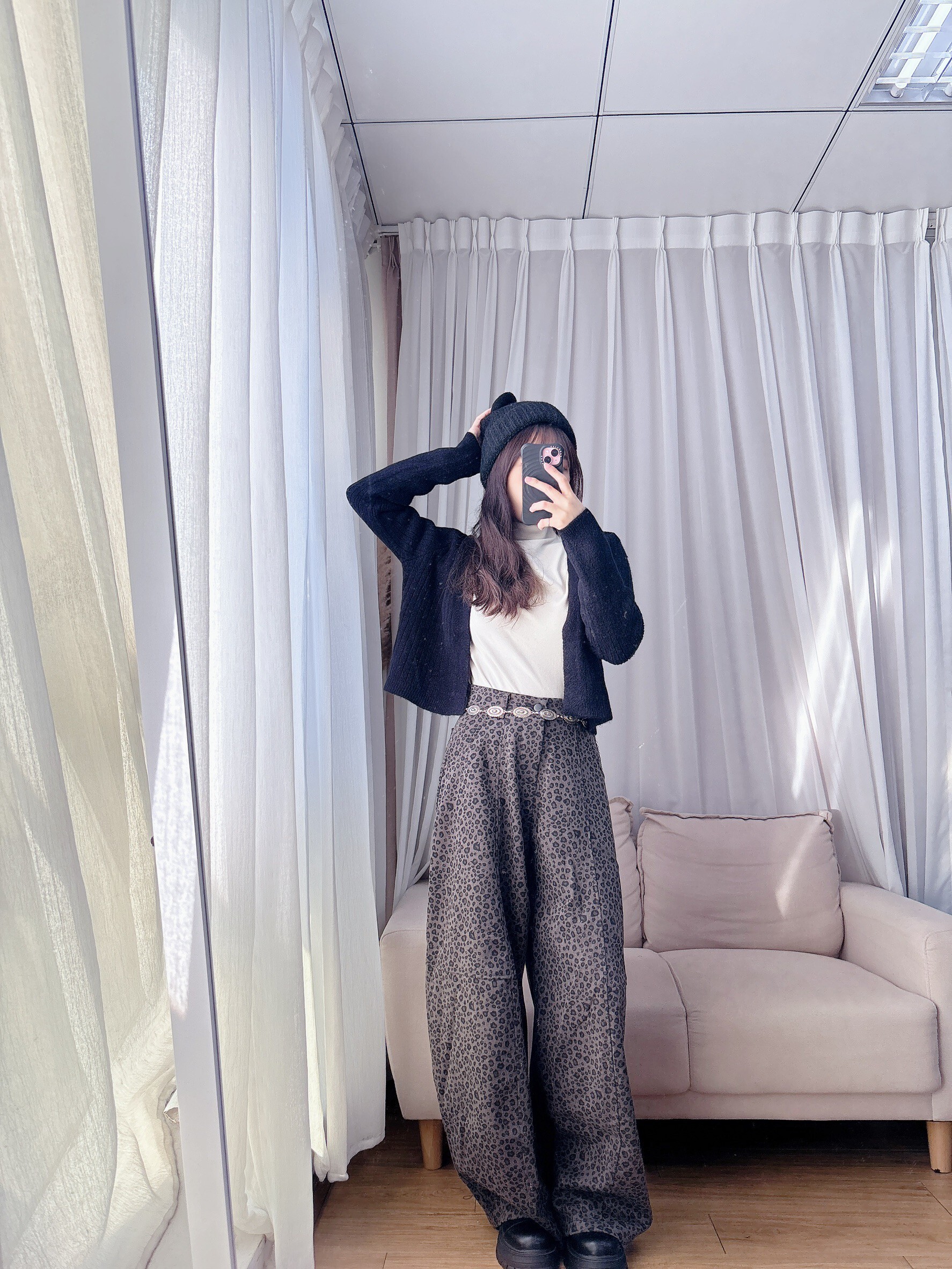 豹紋內磨毛彎刀褲