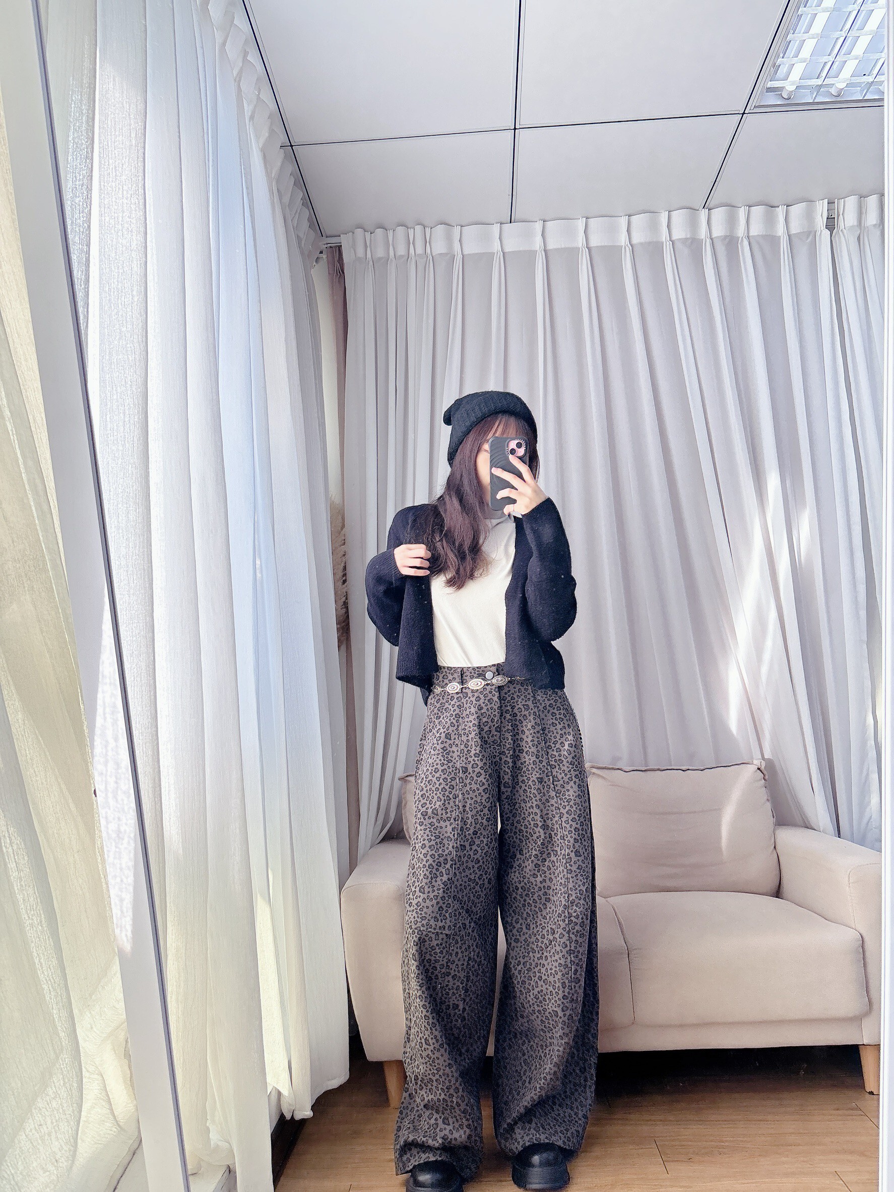 豹紋內磨毛彎刀褲