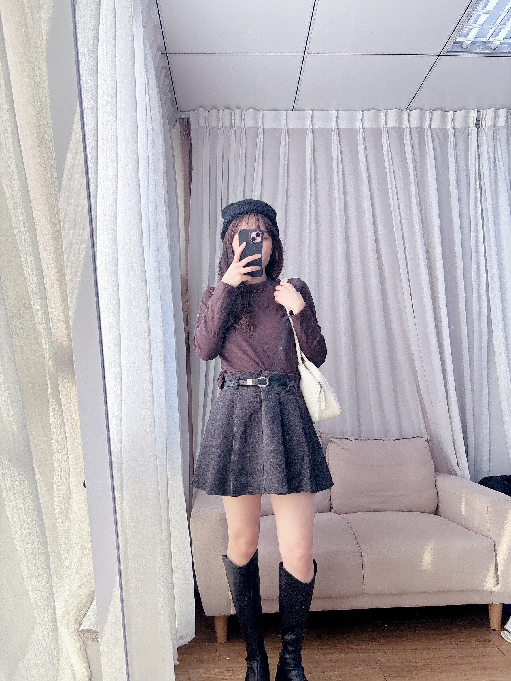 Wool pleated mini skirt with belt (with safety shorts)