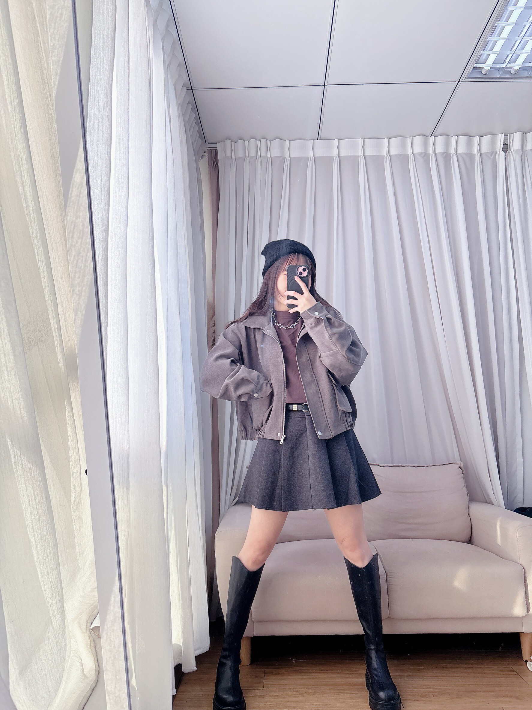 Wool pleated mini skirt with belt (with safety shorts)