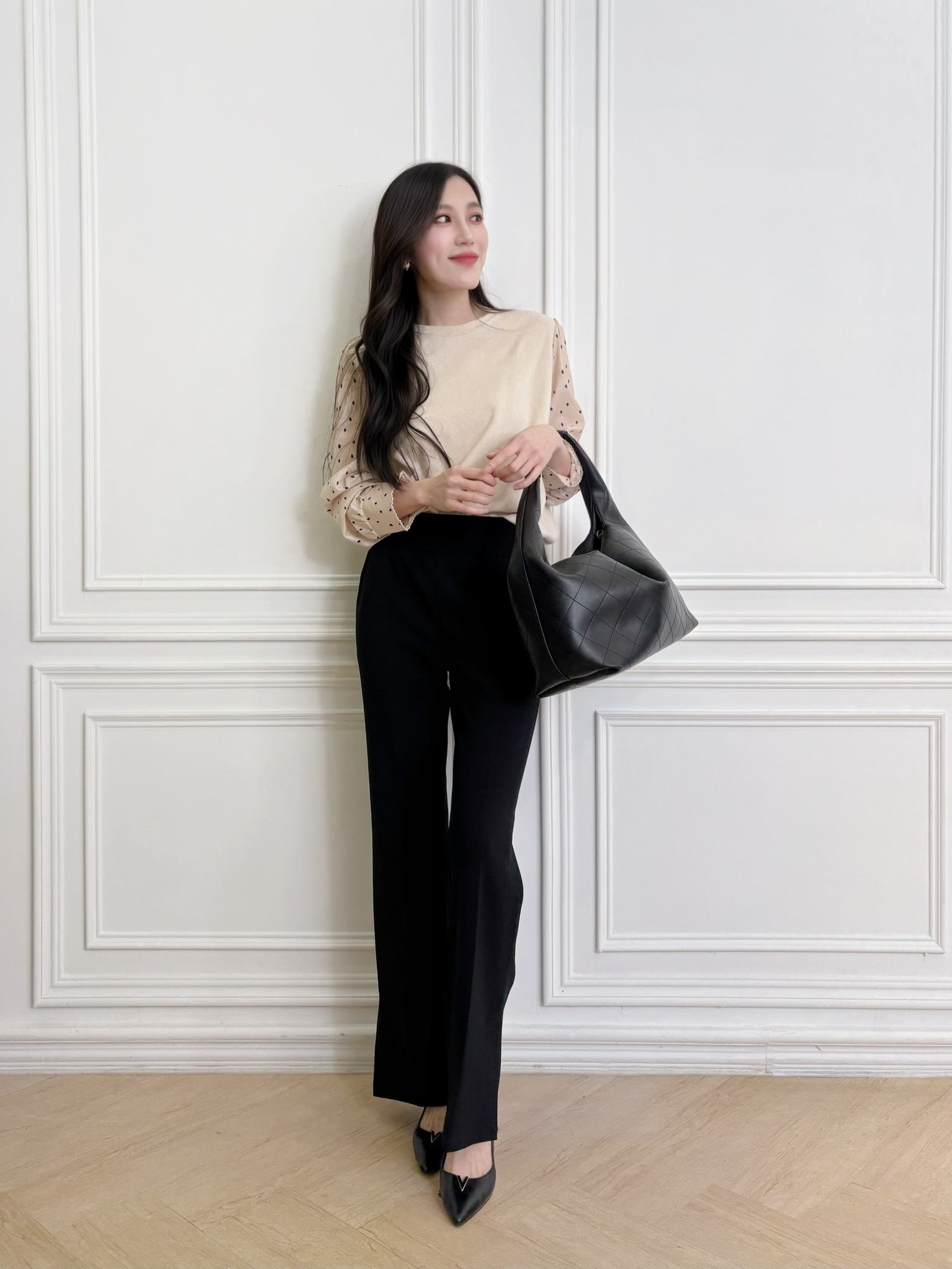 撞色點點袖彈性針織上衣