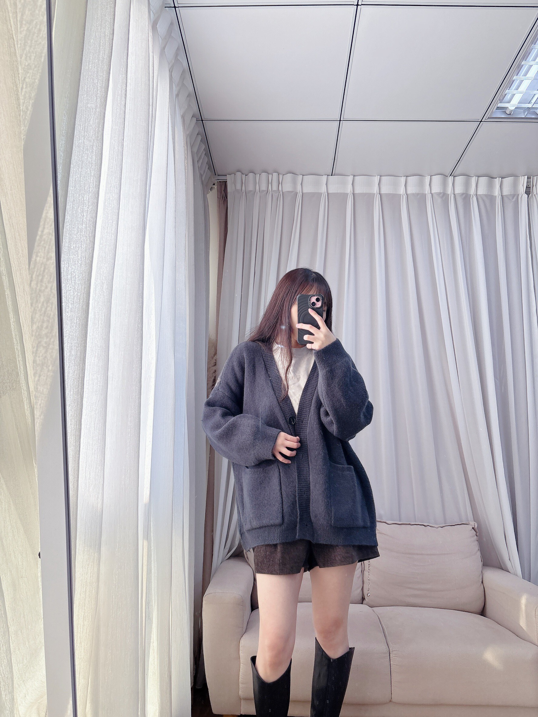 雙口袋v領針織外套