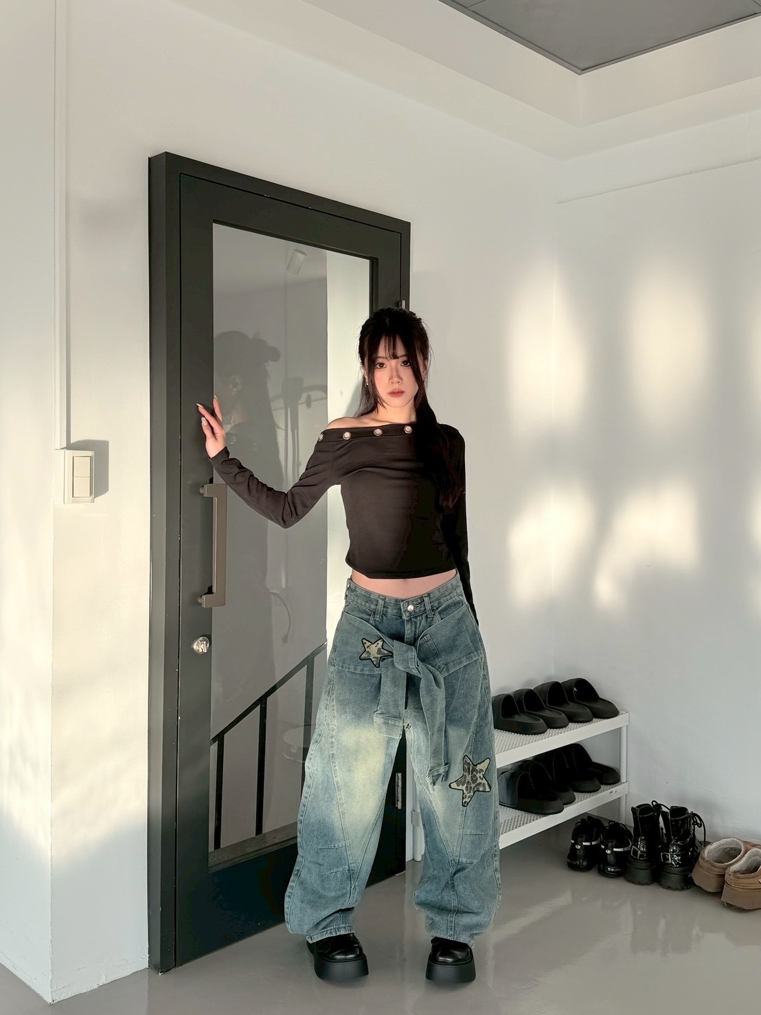 自帶疊穿感 豹紋星星 綁帶牛仔彎刀褲 2colors