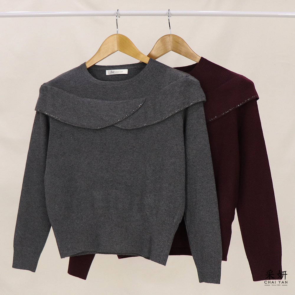 水鑽荷葉拼接針織長袖上衣