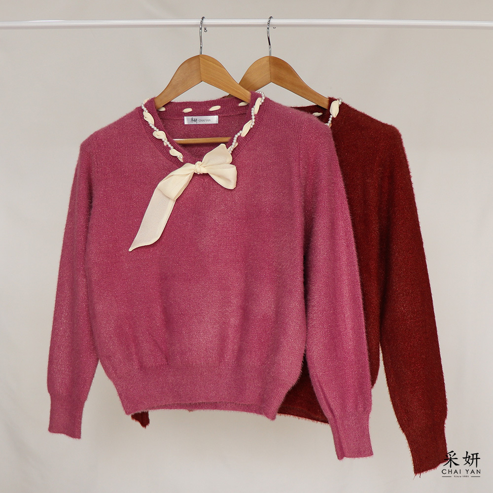 緞帶珍珠領亮蔥針織長袖上衣