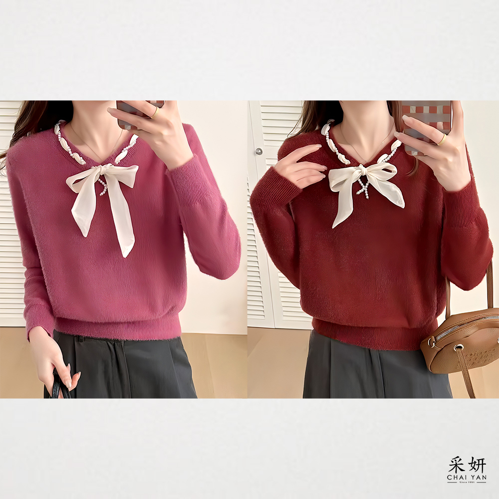 緞帶珍珠領亮蔥針織長袖上衣