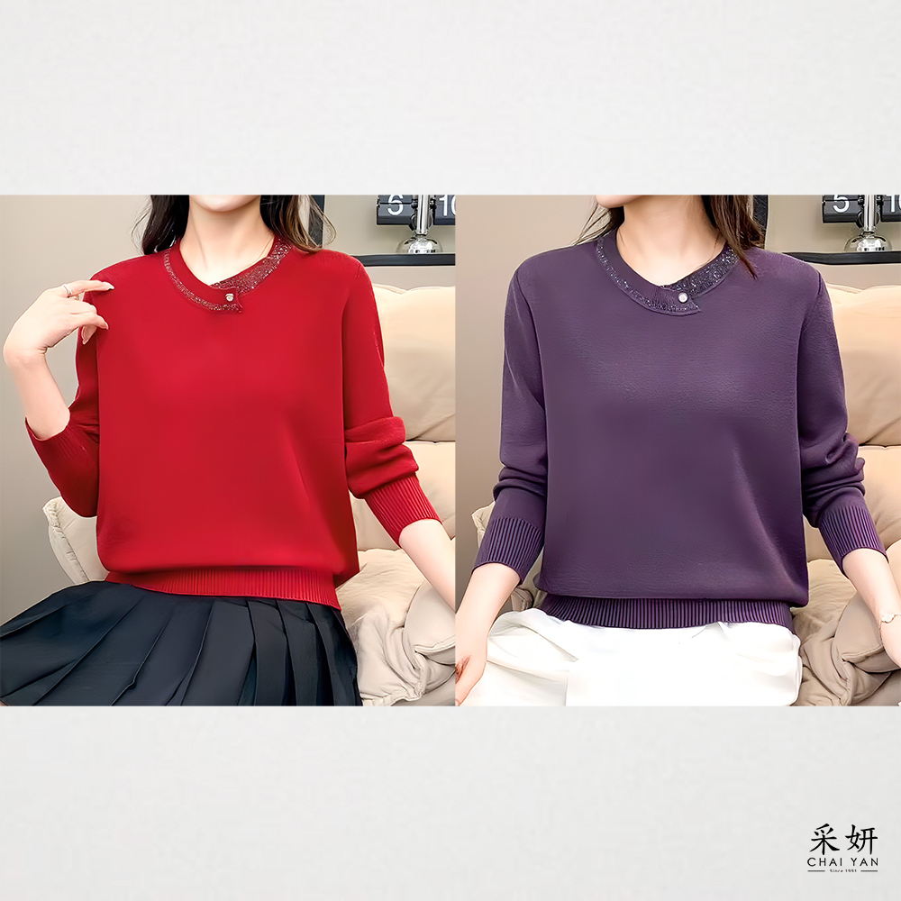 水鑽交錯領針織長袖上衣