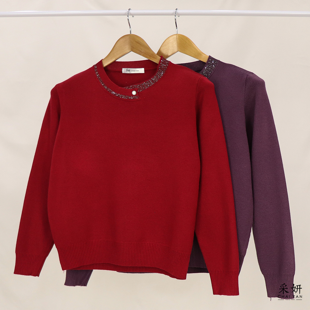 水鑽交錯領針織長袖上衣