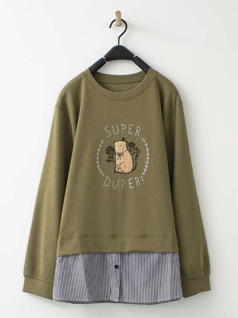 燙鑽貓咪條紋剪接毛圈上衣