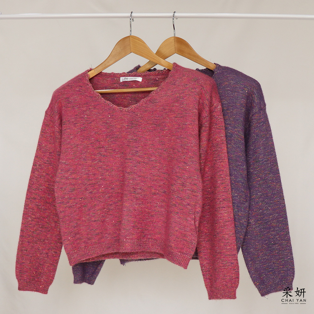 撞色編織領針織長袖上衣