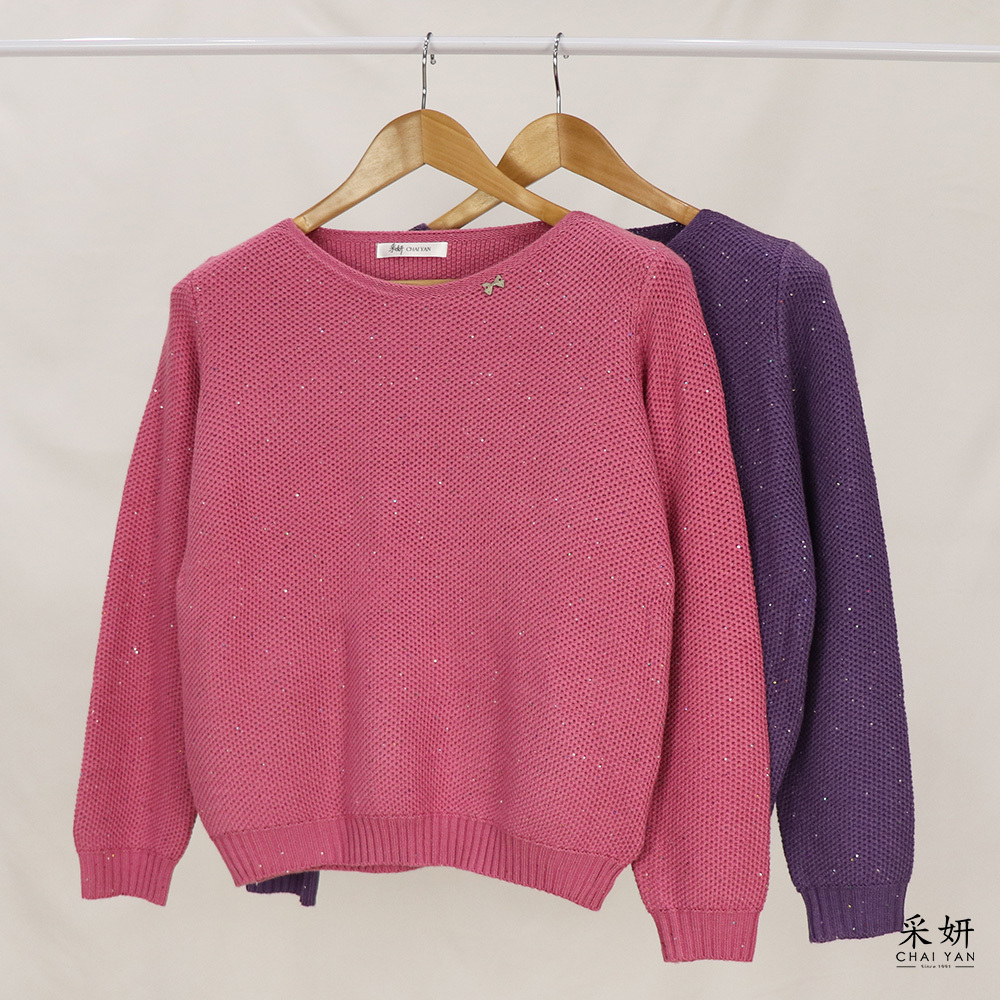 蝴蝶結小標亮片針織長袖上衣