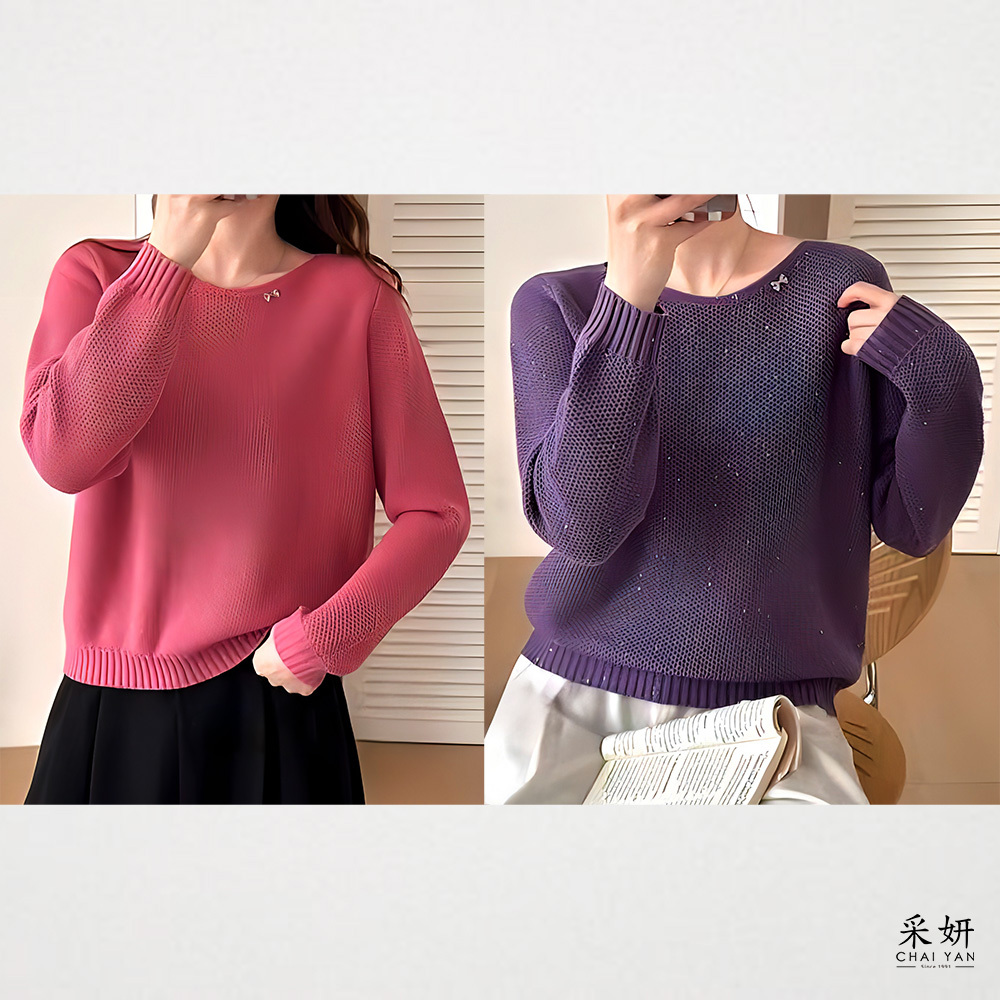 蝴蝶結小標亮片針織長袖上衣