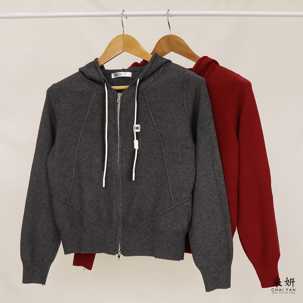 雙開拉鍊拉繩細針織連帽外套