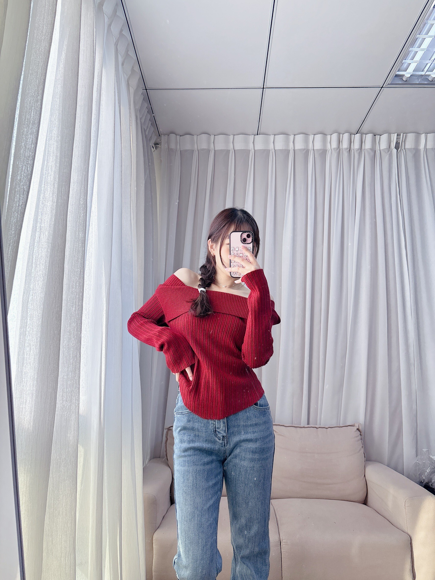 Plain off-the-shoulder ribbed knit top