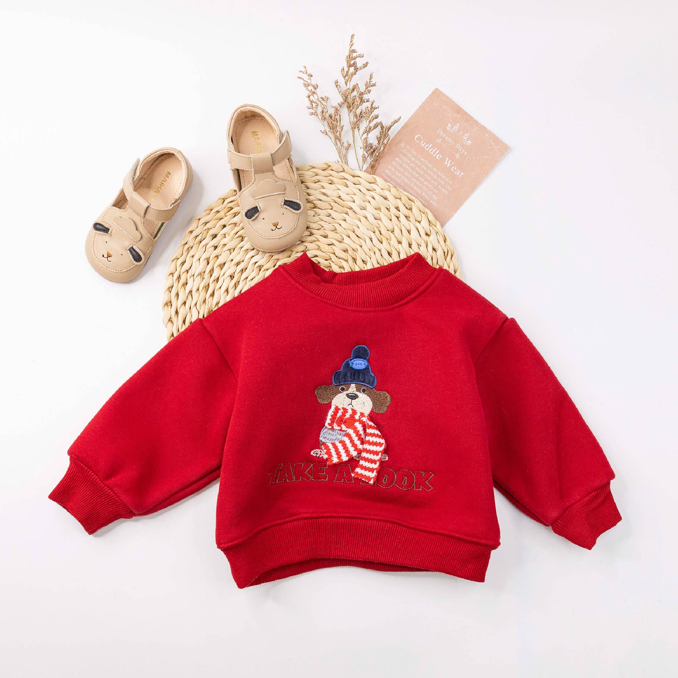 【H55978】質感狗狗刺繡內刷毛上衣＊二色