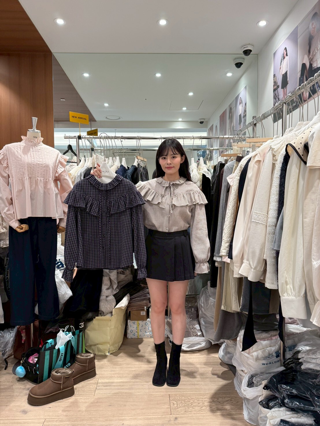 OG5459 格紋荷葉邊綁繩上衣