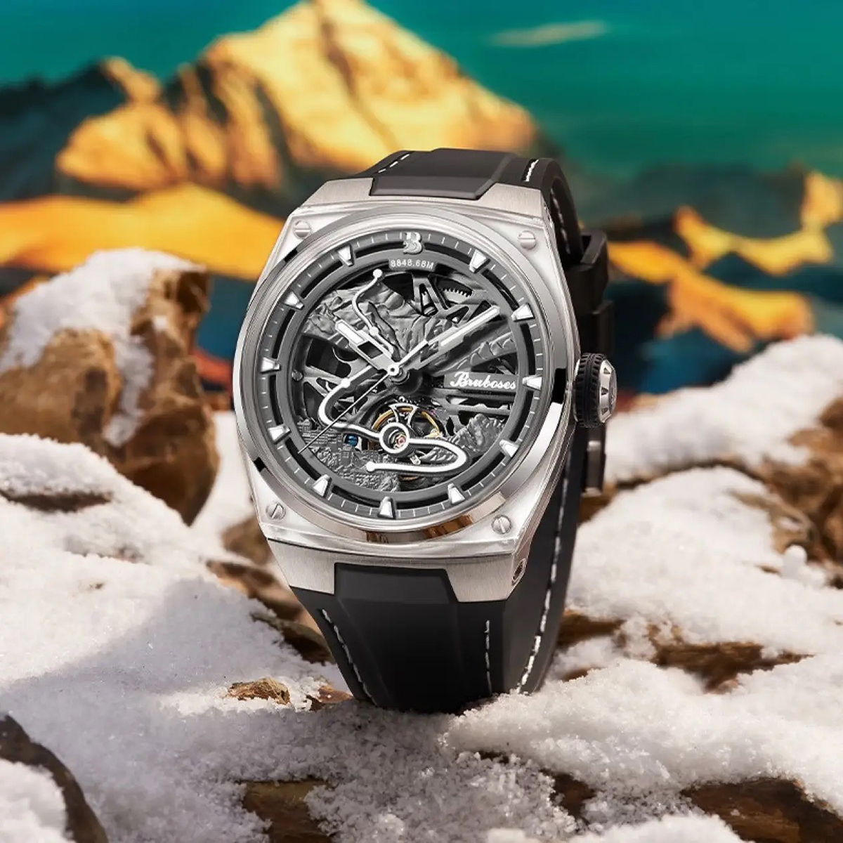 【Bruboses 巴伯思】BBS-001 聖母峰系列 造型鏤空 背蓋帶日期 防水30米 夜光指針 機械 手錶