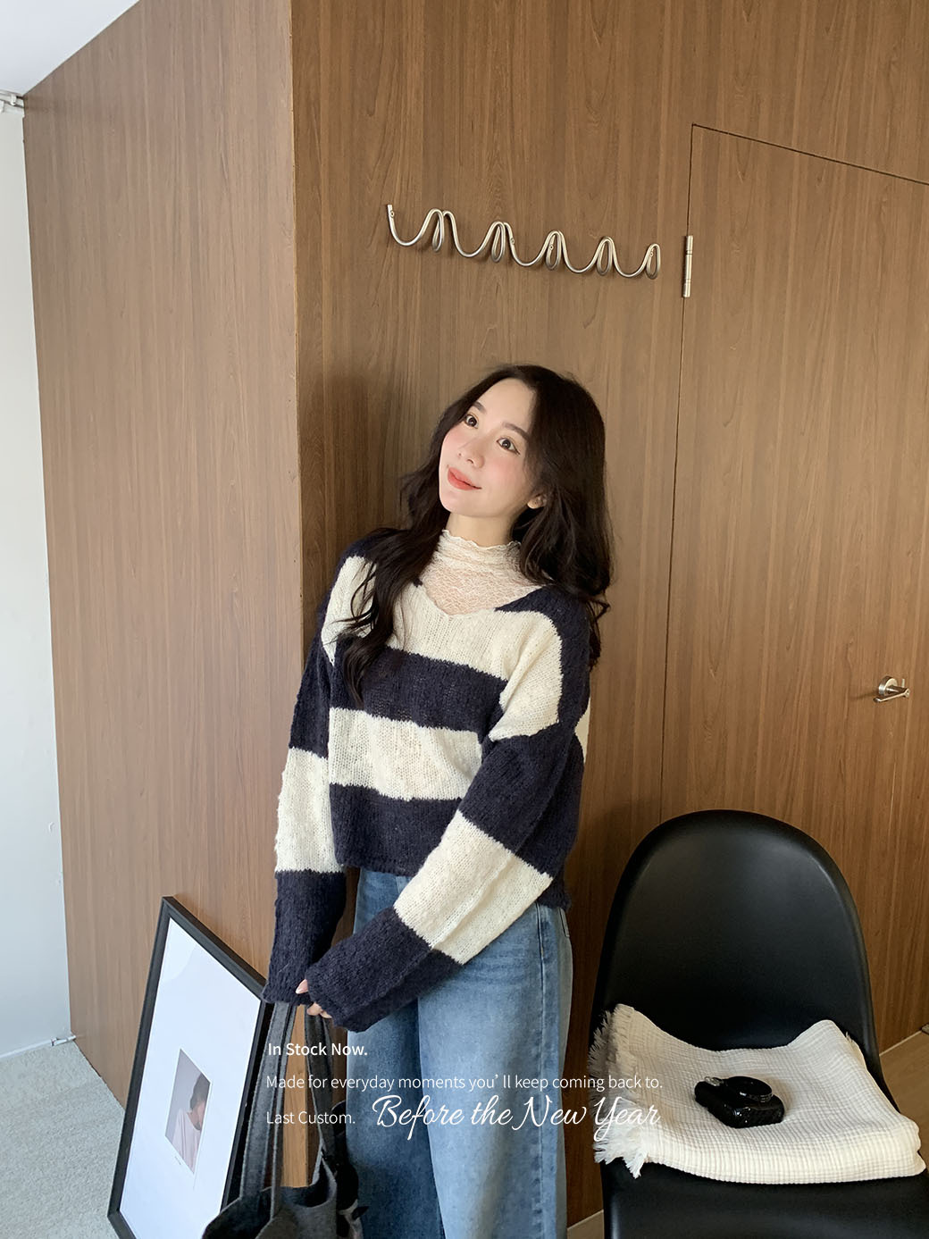 roshop made!肌理V領條紋毛衣-3色