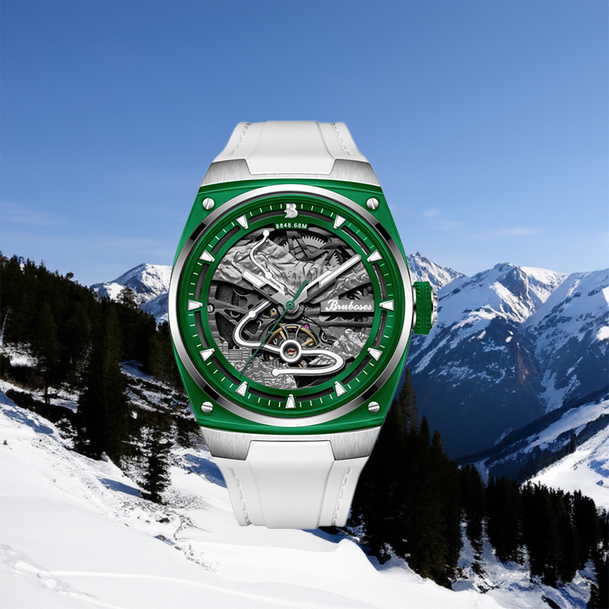 【Bruboses 巴伯思】BBS-001 聖母峰系列 造型鏤空 背蓋帶日期 防水30米 夜光指針 機械 手錶