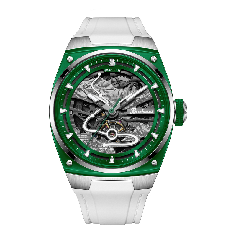 【Bruboses 巴伯思】BBS-001 聖母峰系列 造型鏤空 背蓋帶日期 防水30米 夜光指針 機械 手錶