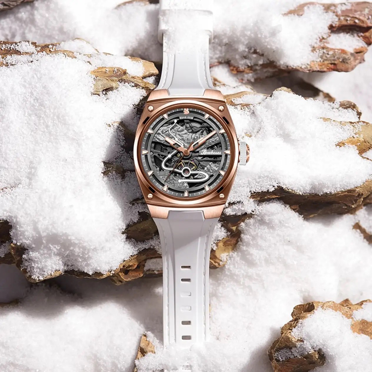 【Bruboses 巴伯思】BBS-001 聖母峰系列 造型鏤空 背蓋帶日期 防水30米 夜光指針 機械 手錶