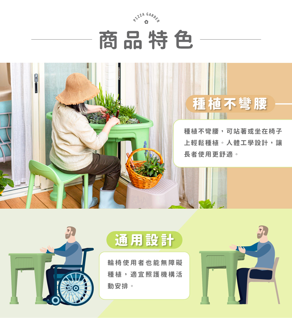 Pizza Garden 園藝花盆無障礙設計示意，可坐著種植，減少彎腰與關節負擔，輪椅使用者可輕鬆靠近桌下空間進行植栽