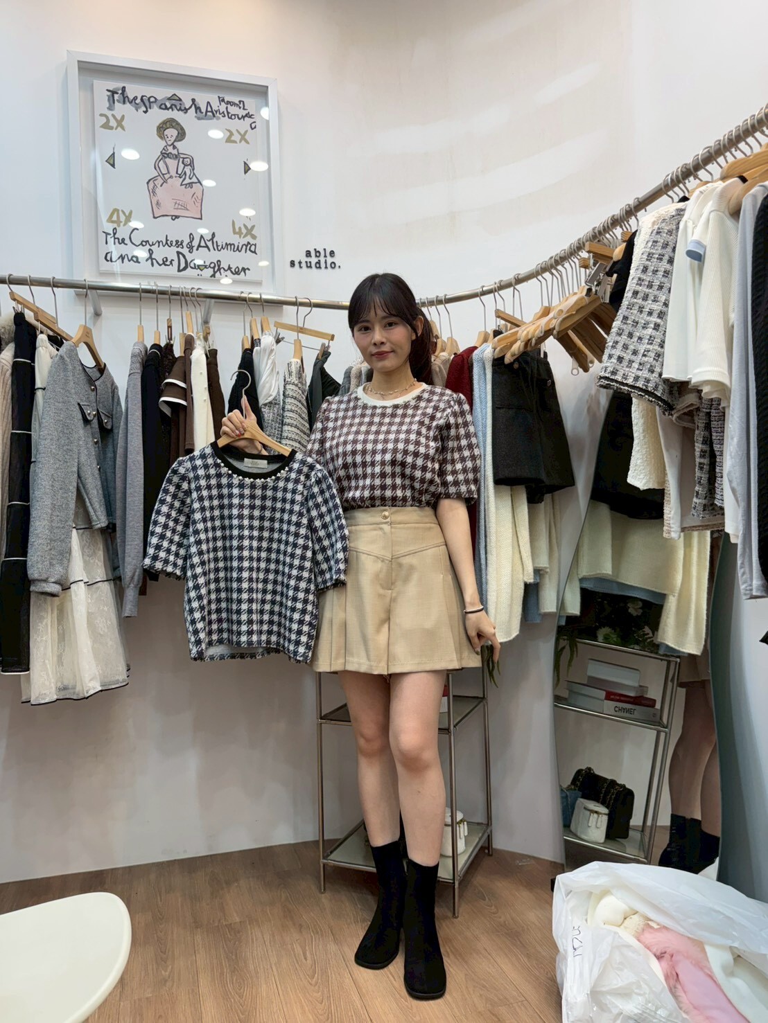 AS5419 珍珠領口格紋短袖上衣