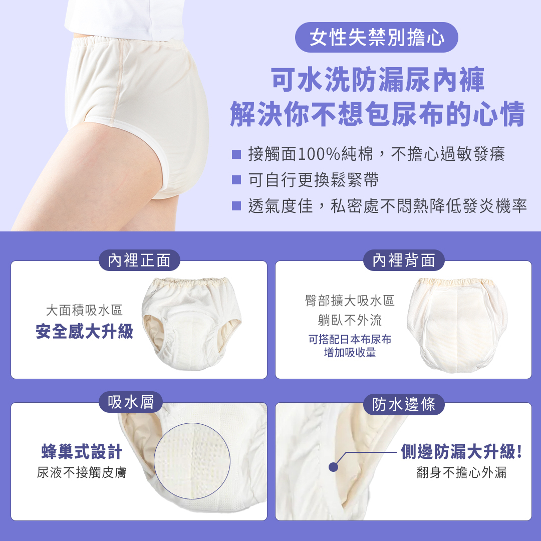 女性失禁別擔心，防漏尿內褲，專為尿失禁設計的成人內褲。日本製造，大面積吸水區，安全感大升級。