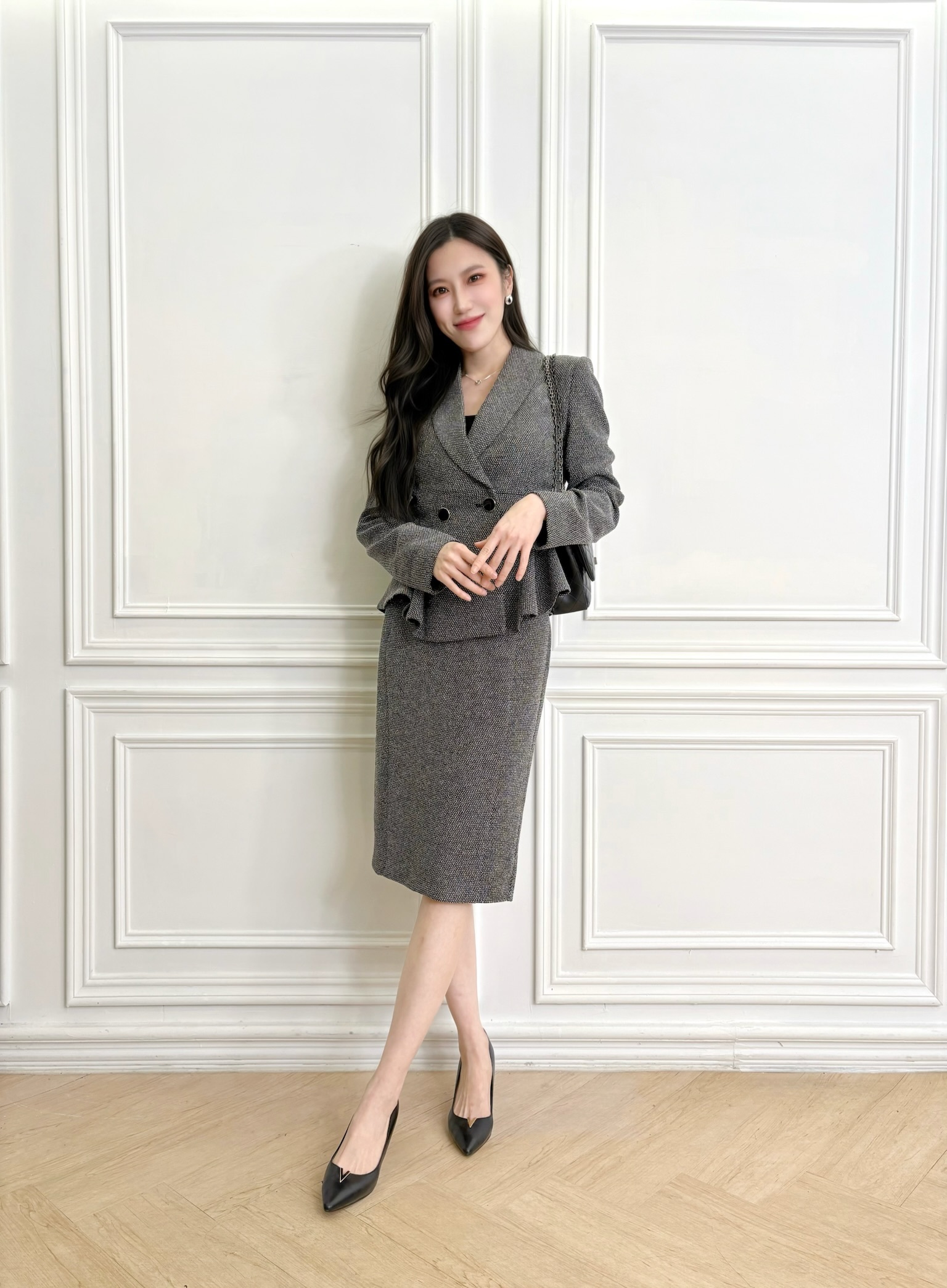 翻領雙黑釦拼色織紋荷葉套裝