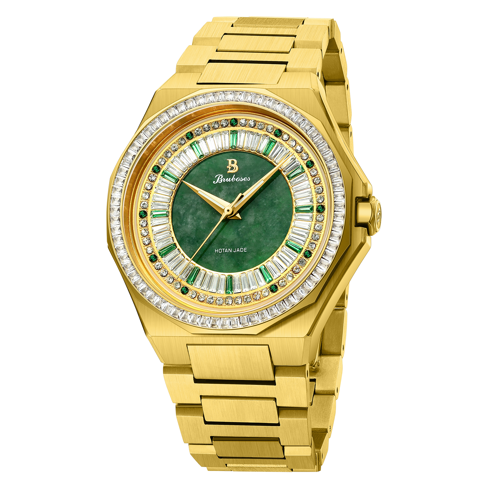 【Bruboses 巴伯思】 BS008 翡翠 真鑽 表面包金 晶鑽 鏤空 夜光指針 機械 手錶